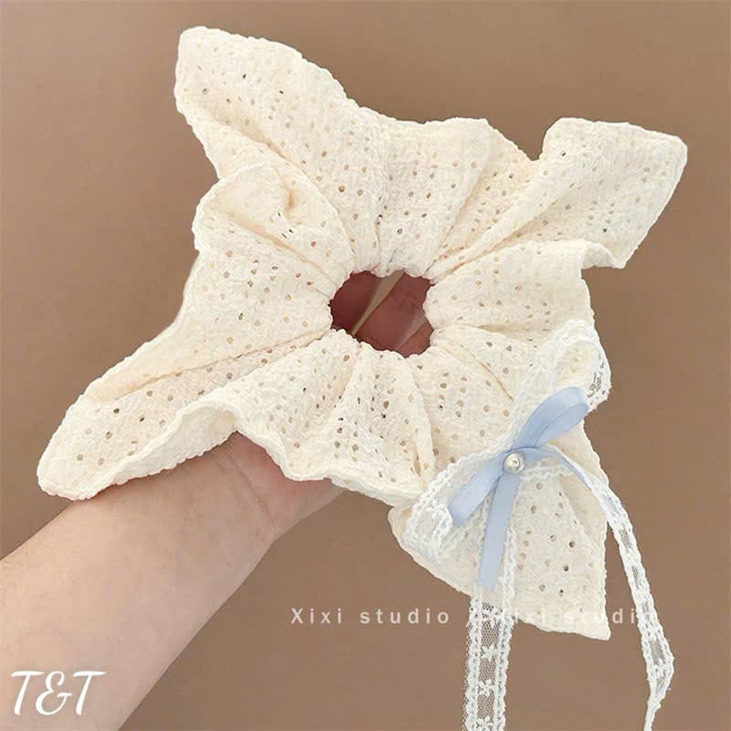 Nơ ren trắng phối ruy băng xanh - mẫu mới Phụ kiện Ngọc Hân